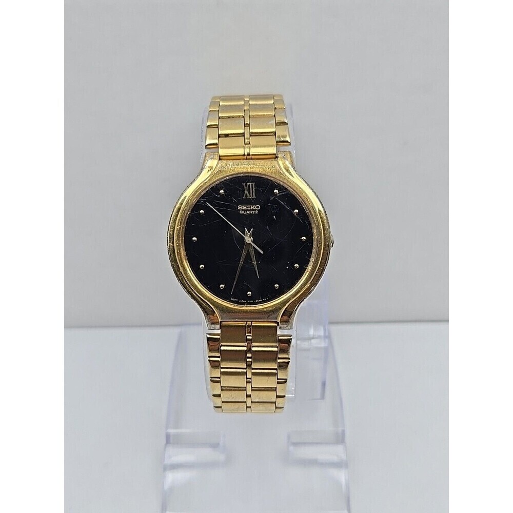 Seiko Quartz V701 6K09 Gold Tone Black Dial Mens Dress Watch New Battery Vintage